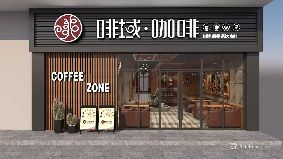 Café Exterior Design With Glass Doors Wooden Elements Coffee Zone Sign And Interior Seating 3d model 