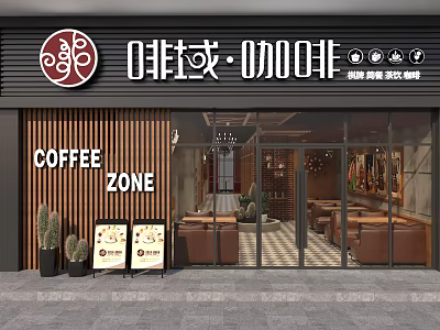 Café Exterior Design With Glass Doors Wooden Elements Coffee Zone Sign And Interior Seating 3d model