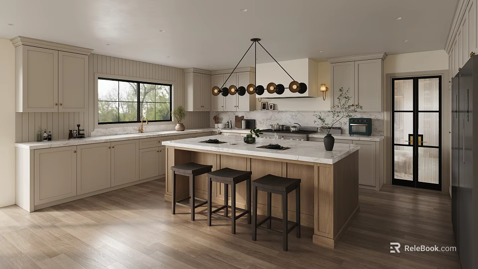 Elegant Modern Kitchen Interior With Marble Island Cabinets And Pendant Lights 3d model 