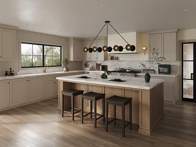 Elegant Modern Kitchen Interior With Marble Island Cabinets And Pendant Lights 3d model