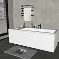 White Bathtub Interior With Towel Rack Bath Products Slippers Mat And Gray Wall Blinds