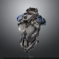 Character In Biomechanical Armor Featuring Creature Inspired Design With Blue Accents And Gray White Details
