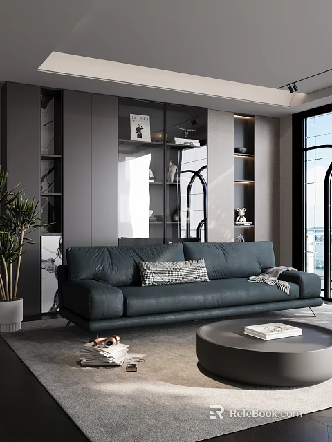 Modern Living Room Interior Design With Dark Green Sofa Throw Pillows And Round Coffee Table 3d model 
