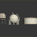 Industrial White Storage Tanks In Three Different Shapes Spherical Cylindrical With Ladders And Bases