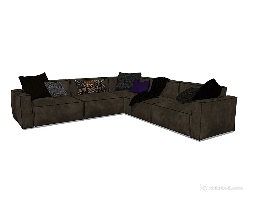 Dark Brown L Shaped Sectional Sofa With Multiple Colorful Patterned Pillows 3d model