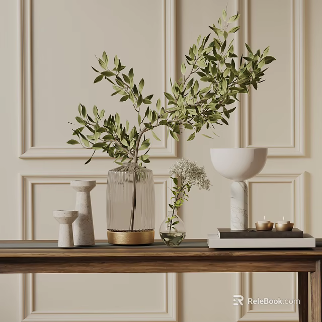 Modern Minimalist Tabletop Decorative Ornament Set With Olive Branch Glass Vase And White Gold Accents 3d model 