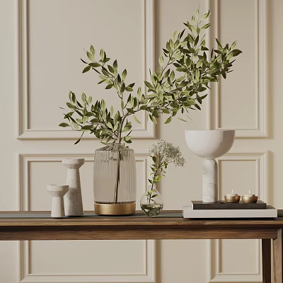 Modern Minimalist Tabletop Decorative Ornament Set With Olive Branch Glass Vase And White Gold Accents 3d model