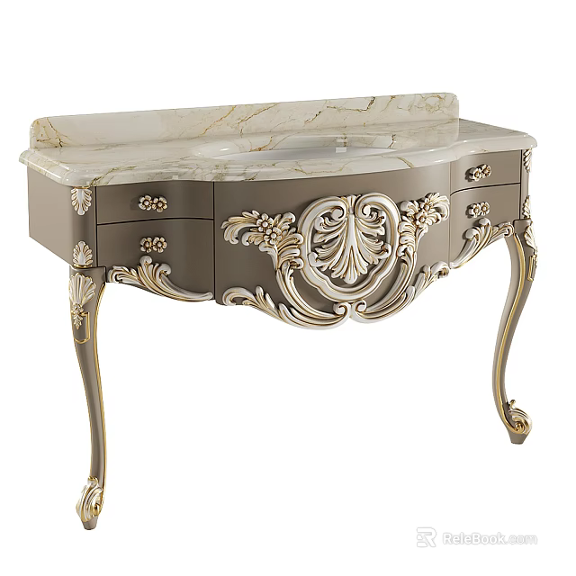 Ornate Vanity With Marble Countertop Golden Accents And Carved Drawer Details 3d model 