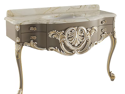 Ornate Vanity With Marble Countertop Golden Accents And Carved Drawer Details 3d model
