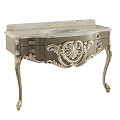 Ornate Vanity With Marble Countertop Golden Accents And Carved Drawer Details