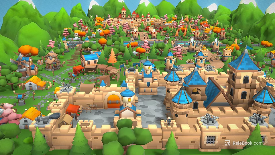 Cartoon Castle Village With Colorful Buildings Green Trees And Tower Structures 3d model 
