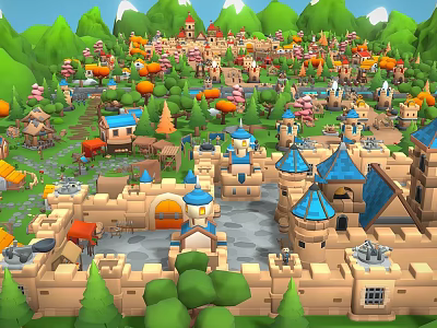 Cartoon Castle Village With Colorful Buildings Green Trees And Tower Structures 3d model