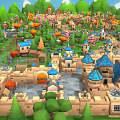 Cartoon Castle Village With Colorful Buildings Green Trees And Tower Structures