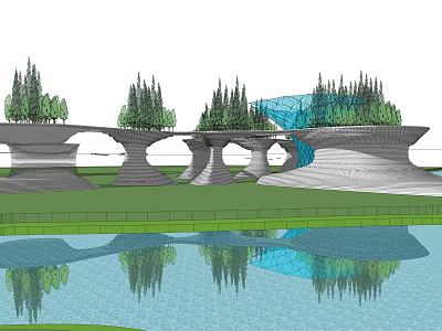Modern Waterfront Landscape Design With Unique Architectural Structures Trees And Water Reflections 3d model