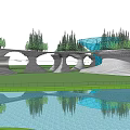 Modern Waterfront Landscape Design With Unique Architectural Structures Trees And Water Reflections