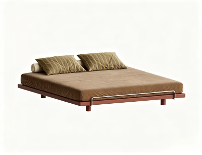 Minimalist Double Bed With Wooden Frame Brown Mattress And Striped Pillows 3d model