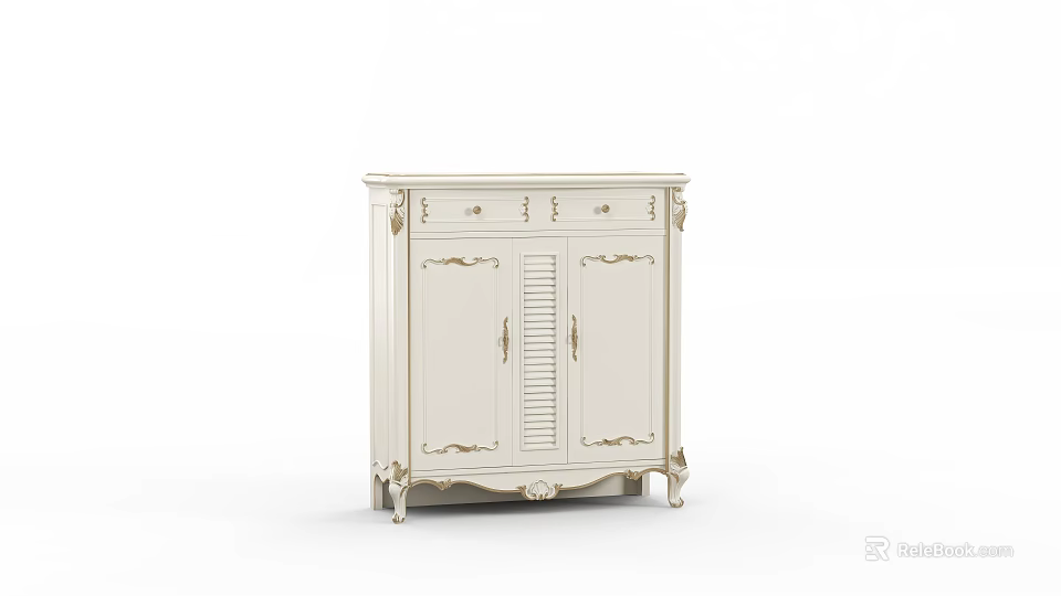 Elegant White European Style Shoe Cabinet With Carved Details And Double Doors 3d model 