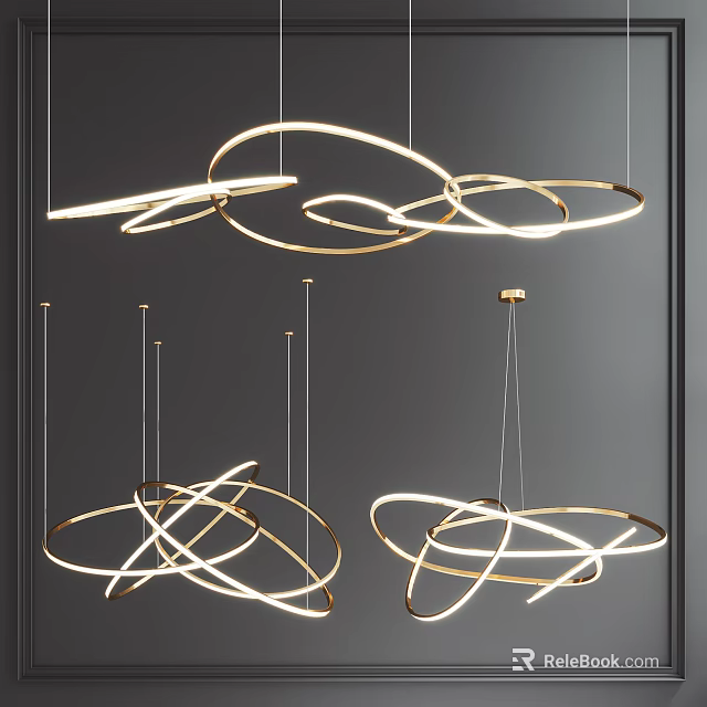 Modern Gold Curved Circular Chandeliers for Contemporary Interior Lighting Design 3d model 