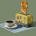 Yellow Kitchen Appliance Toaster with Decorative Patterns Toast and Coffee Cup on Striped Placemat