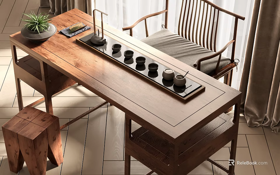 Traditional Chinese Wooden Tea Table And Chairs With Ceramic Tea Set Tray 3d model 