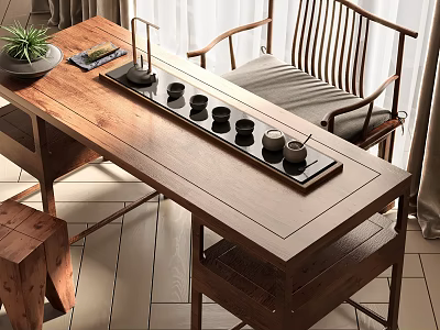 Traditional Chinese Wooden Tea Table And Chairs With Ceramic Tea Set Tray 3d model