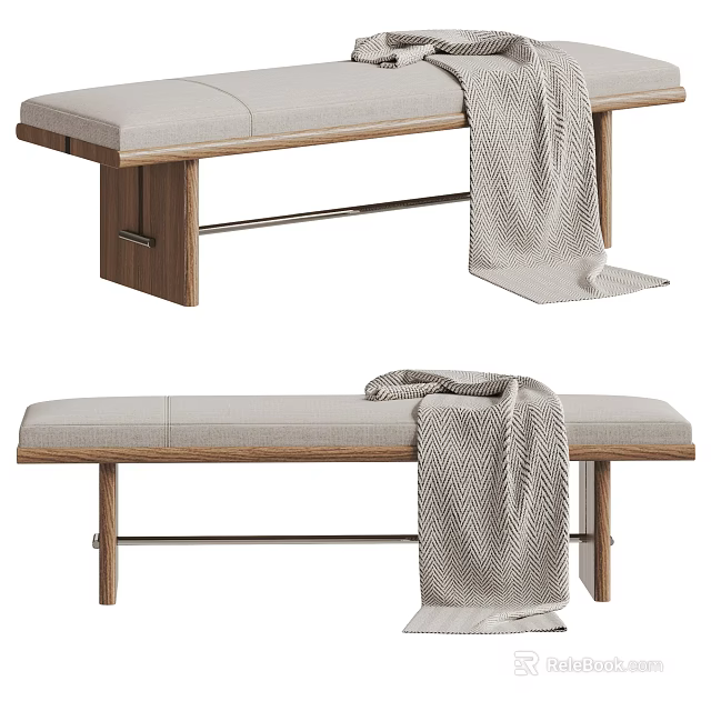 Modern Bed Bench With Wooden Frame Upholstered Seat And Cozy Throw Blanket 3d model 