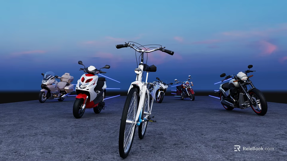 Different Types Of Motorcycles And A Bicycle In Open Area With Blue Pink Sky 3d model 