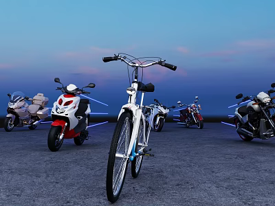 Different Types Of Motorcycles And A Bicycle In Open Area With Blue Pink Sky 3d model