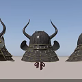Antique Samurai Warrior Helmets With Horns And Metal Decorative Details