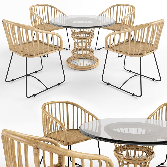 Outdoor Table With Glass Top And Wicker Chairs For Modern Patio Furniture Setup 3d model 