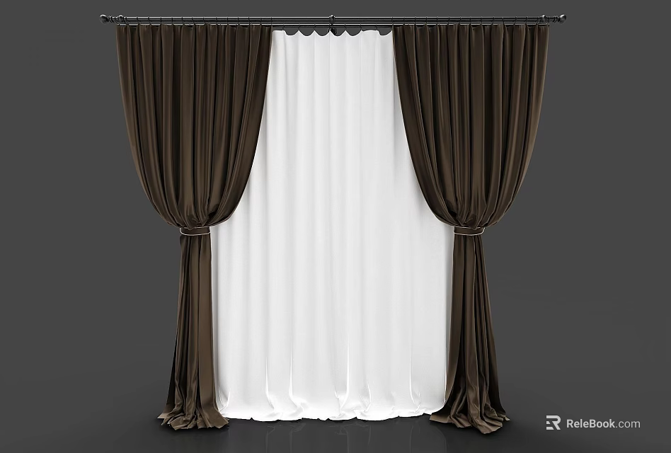 Elegant Dark Brown Curtains With White Sheer Layer Window Treatment Design 3d model