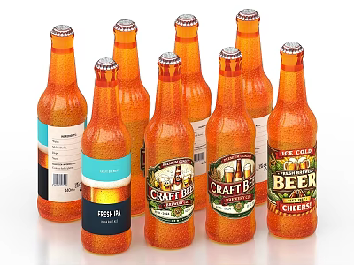 Multiple Orange Beer Bottles With Various Labels Including Craft Beer Ice Cold And Fresh IPA 3d model