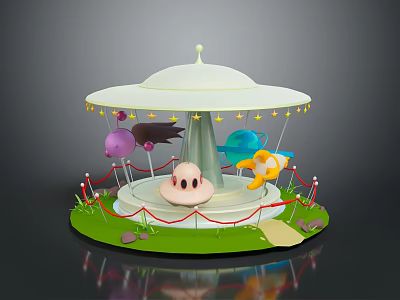 Whimsical Carousel Structure With White Canopy Colorful Decorations Pink Blue Rotating Elements And Green Grass 3d model