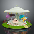 Whimsical Carousel Structure With White Canopy Colorful Decorations Pink Blue Rotating Elements And Green Grass