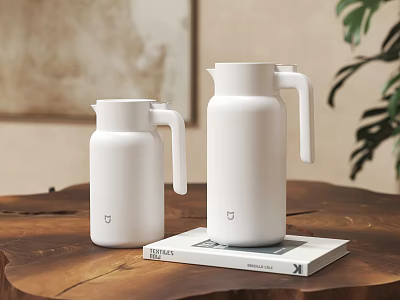 White Sleek Daily Electrical Appliances Thermos Flasks On Wooden Table With Book And Green Plant 3d model