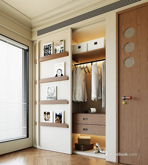 Modern Custom Wardrobe With Open Book Shelves Hanging Clothes Area Warm Lighting And Storage Drawers 3d model 