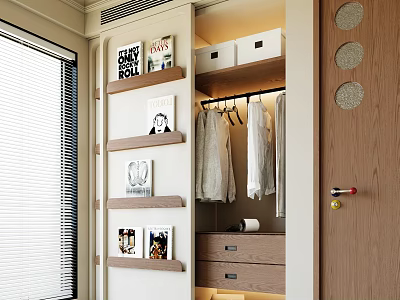Modern Custom Wardrobe With Open Book Shelves Hanging Clothes Area Warm Lighting And Storage Drawers 3d model