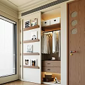 Modern Custom Wardrobe With Open Book Shelves Hanging Clothes Area Warm Lighting And Storage Drawers