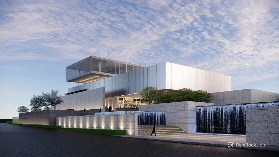 Modern Sales Office Building With Glass Curtain Wall Waterfall Stone Steps And Landscaped Greenery 3d model 