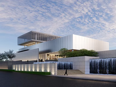 Modern Sales Office Building With Glass Curtain Wall Waterfall Stone Steps And Landscaped Greenery 3d model