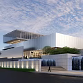 Modern Sales Office Building With Glass Curtain Wall Waterfall Stone Steps And Landscaped Greenery