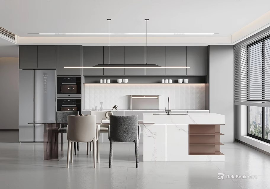 Modern Restaurant Open Kitchen Design With Counter And Seats 3d model 