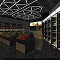 Modern Supermarket Grocery Store with Fresh Fruit Displays Shelves and Refrigerated Cases