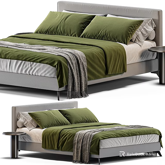 Modern Double Bed with Green Bedding Grey Headboard Side Nightstand and Soft Blanket 3d model