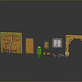 Miniature Wooden Model Components Including Cabinet Door Archway Vent Barrel And Figure On Black Surface