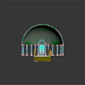 Cartoon Style Enchanted Garden Scene With Arched Mossy Roof Pink Columns Blue Water Pool And Decorative Jars