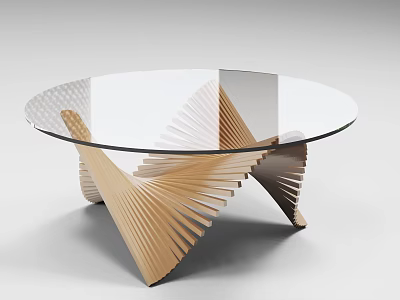 Modern Coffee Table With Round Glass Top And Wooden Fan Shaped Base 3d model