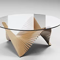 Modern Coffee Table With Round Glass Top And Wooden Fan Shaped Base