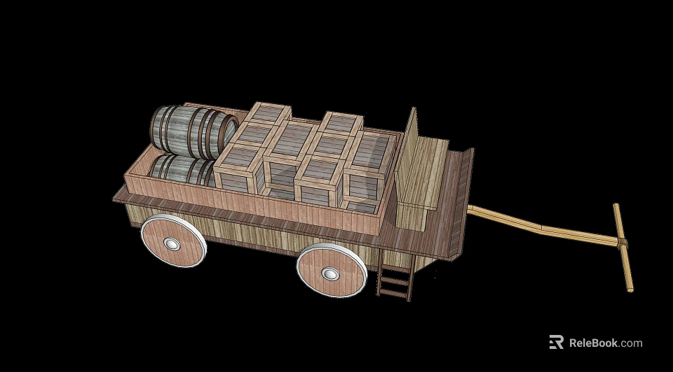 Wooden Storage Boxes On A Wooden Cart With Barrels And Wooden Wheels 3d model 