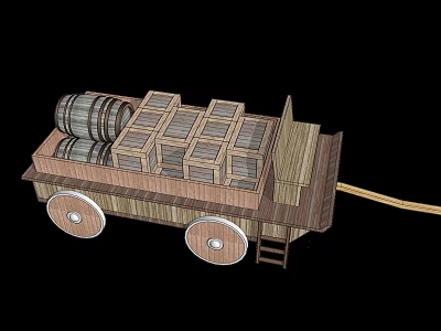 Wooden Storage Boxes On A Wooden Cart With Barrels And Wooden Wheels 3d model